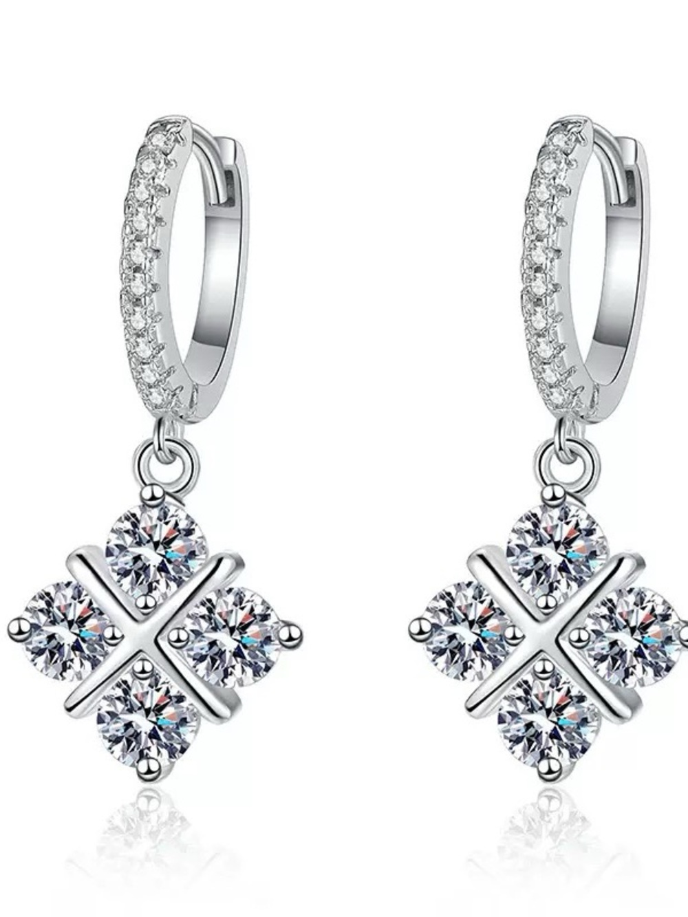 Classic Silver Crystal Clover Drop Earrings - Silver - Picture 2 of 4